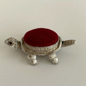 Vintage 50s Florenza  Metal Nodding Head Turtle Pincushion Red Rhinestone Eyes